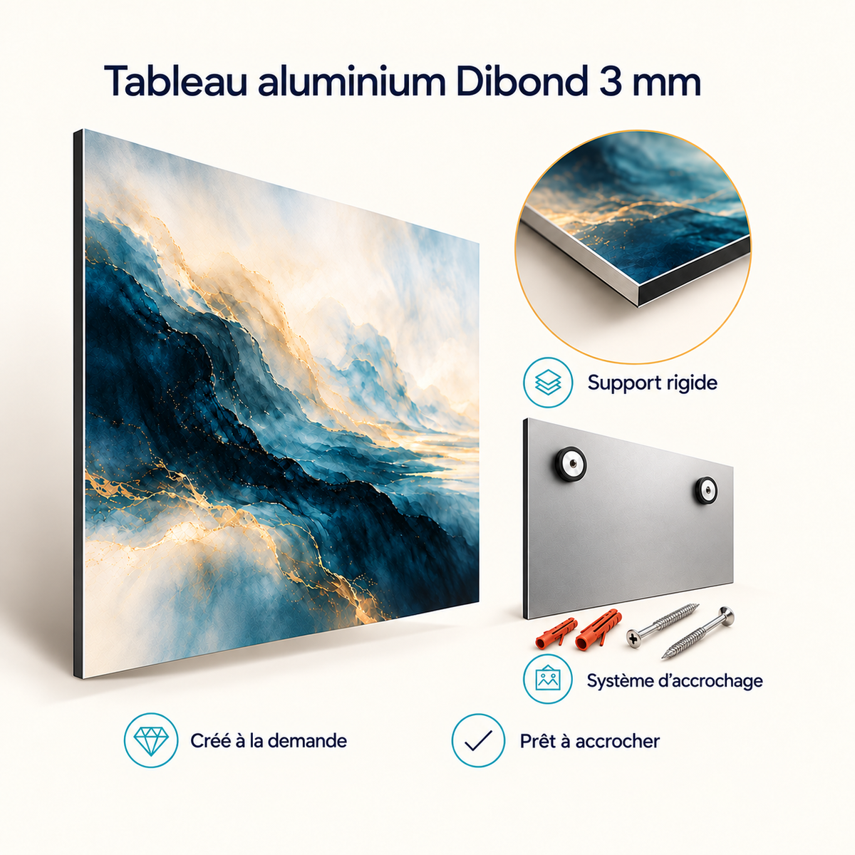 Tableau aluminium Dibond 3 mm — matière et système d’accrochage