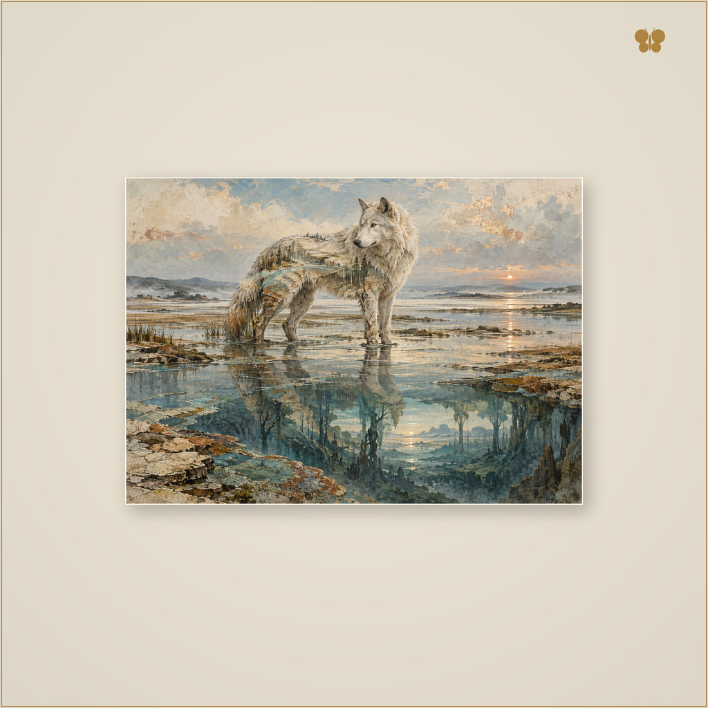 The Wolf Beneath the Still Water — mockup grand format 70 × 50 cm
