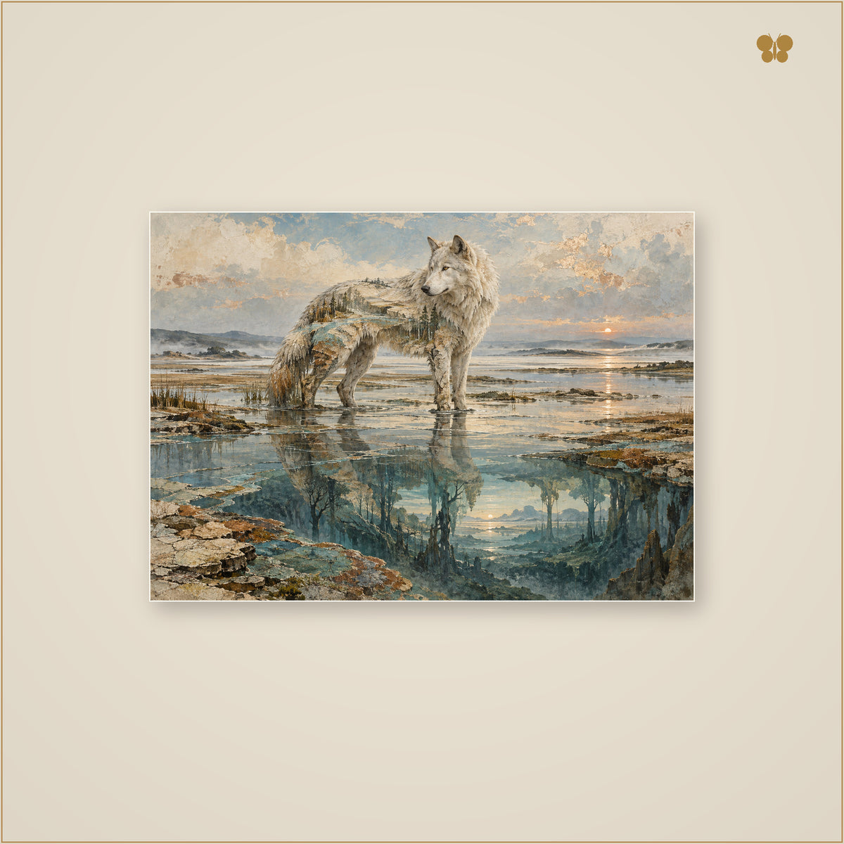 The Wolf Beneath the Still Water — mockup grand format 70 × 50 cm