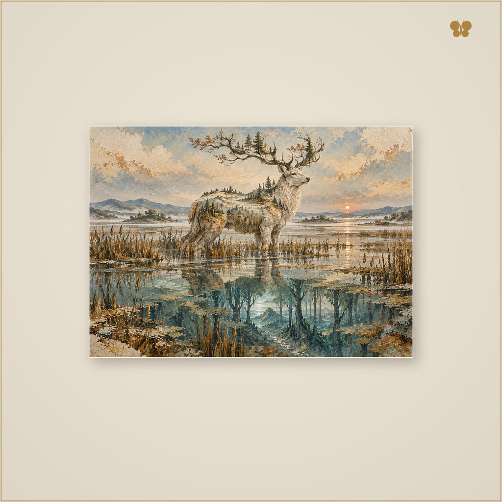 The Stag Where the Reeds Remember — mockup grand format 70 × 50 cm