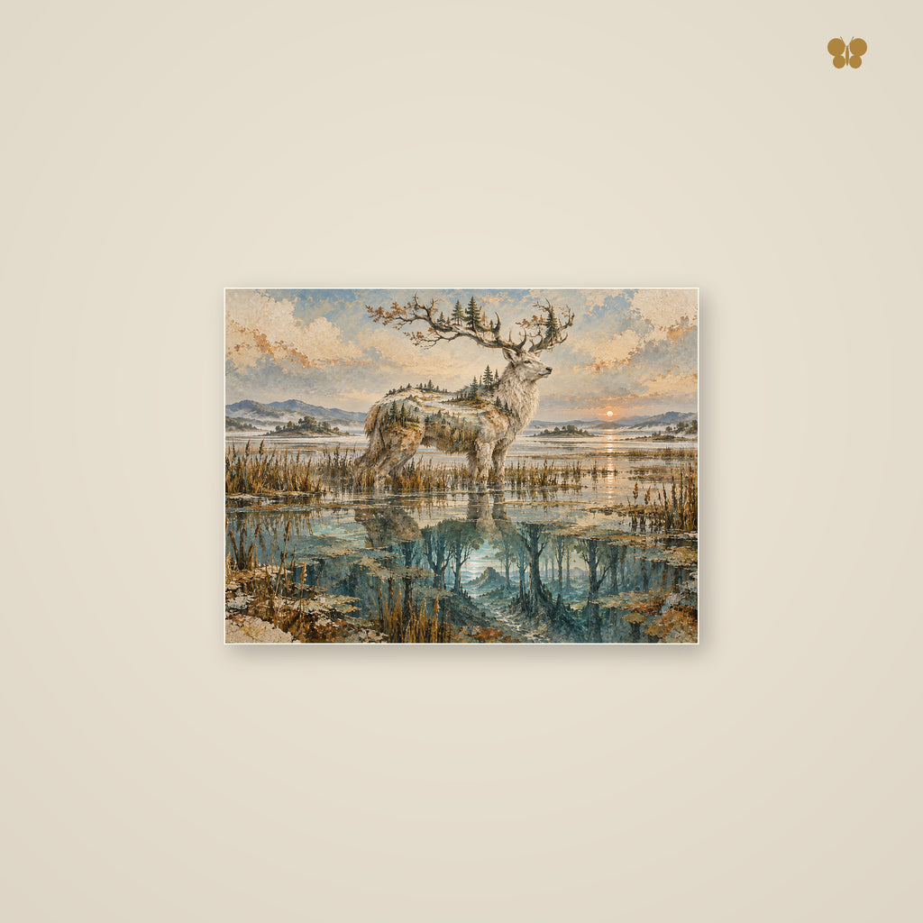 The Stag Where the Reeds Remember — mockup petit format 40 × 30 cm