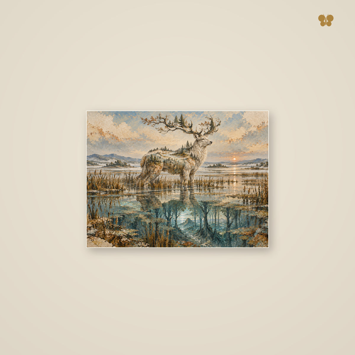 The Stag Where the Reeds Remember — mockup petit format 40 × 30 cm