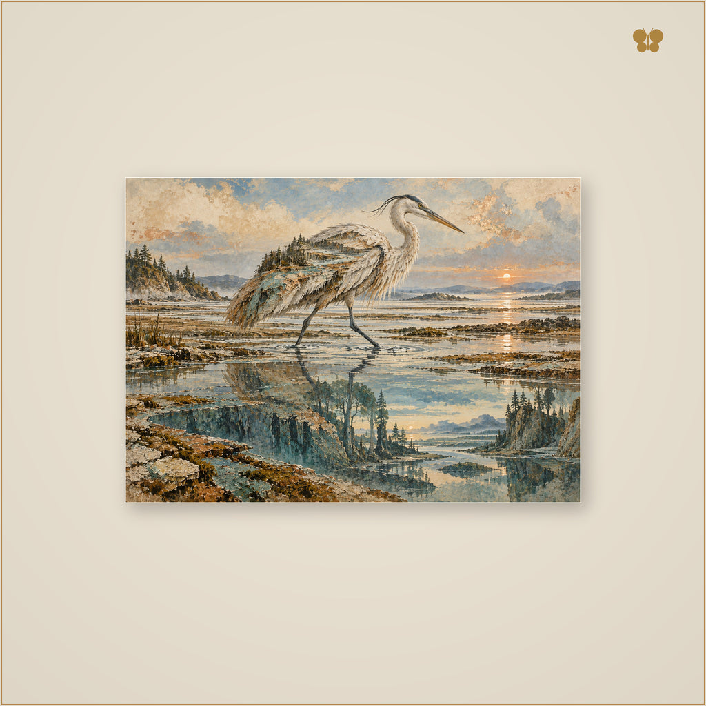 The Heron at the Copper Tidelands — mockup grand format 70 × 50 cm