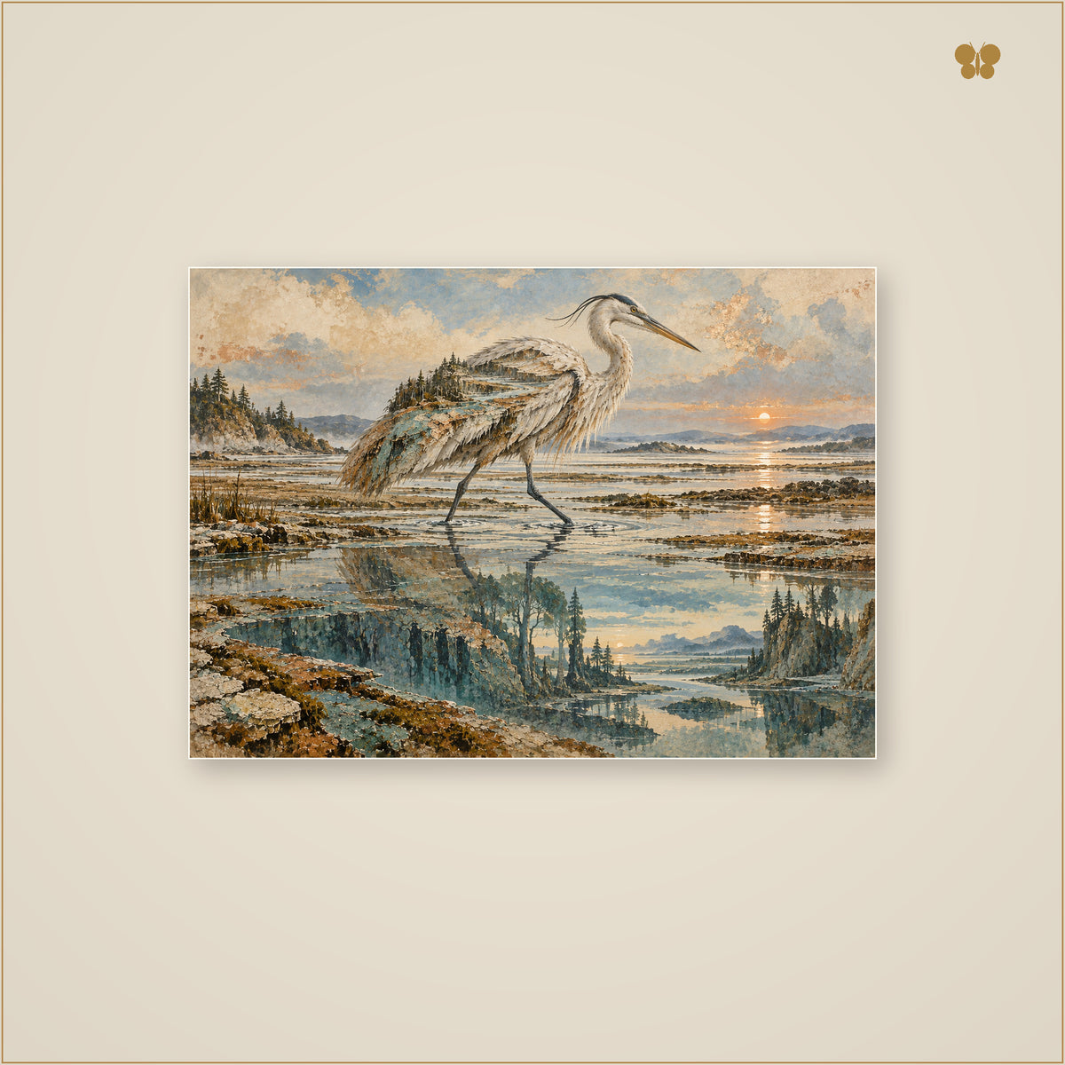 The Heron at the Copper Tidelands — mockup grand format 70 × 50 cm