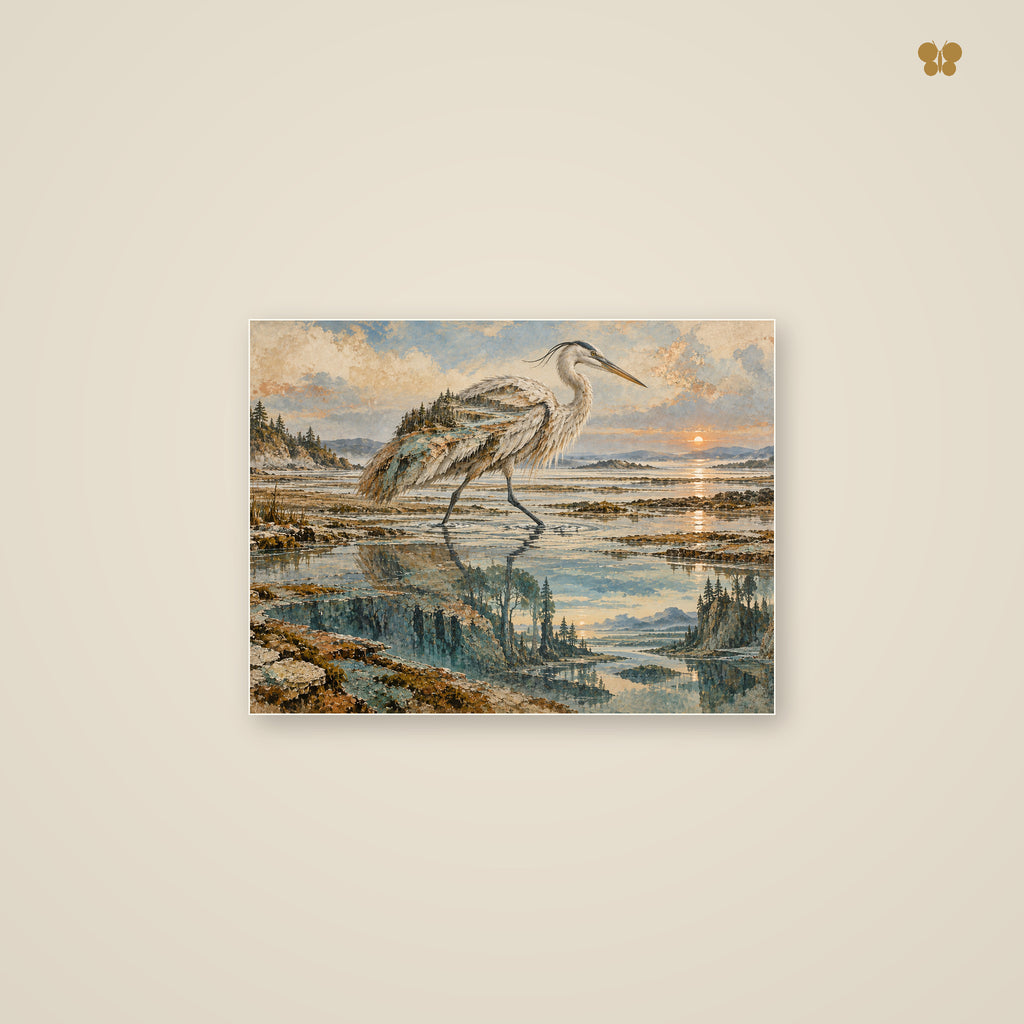 The Heron at the Copper Tidelands — mockup petit format 40 × 30 cm