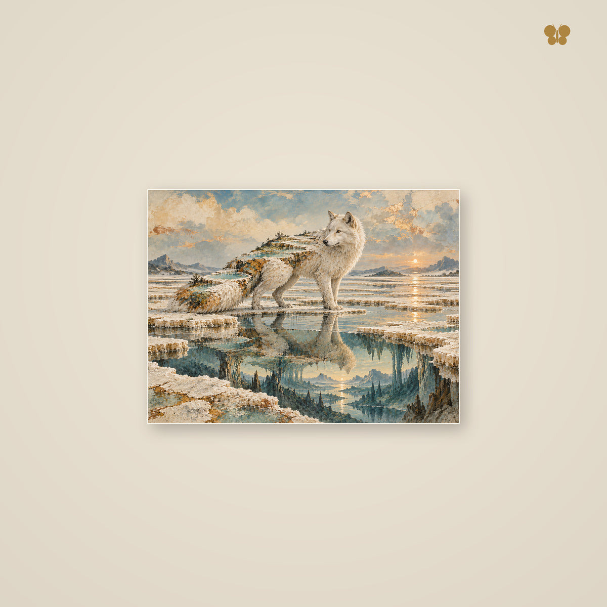 The White Fox Beyond the Salt Gardens — mockup petit format 40 × 30 cm
