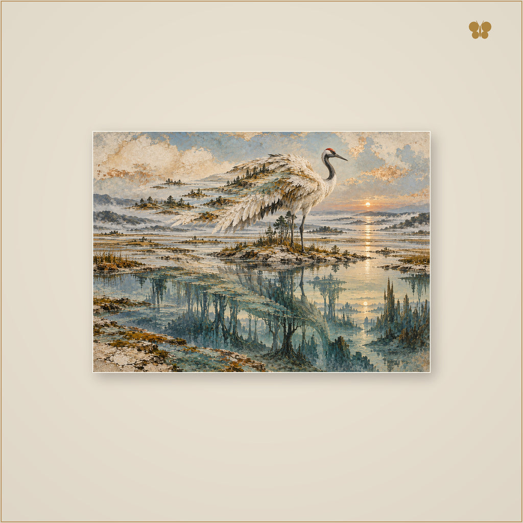The Crane Above the Sleeping Estuary — mockup grand format 70 × 50 cm