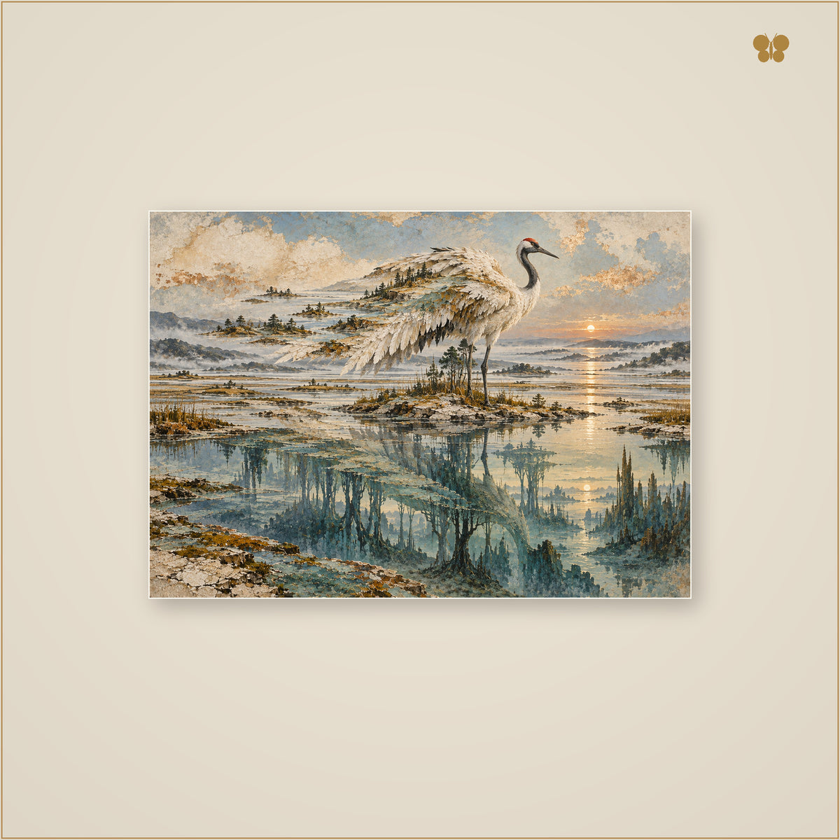 The Crane Above the Sleeping Estuary — mockup grand format 70 × 50 cm