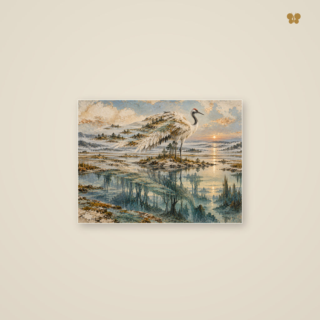 The Crane Above the Sleeping Estuary — mockup petit format 40 × 30 cm