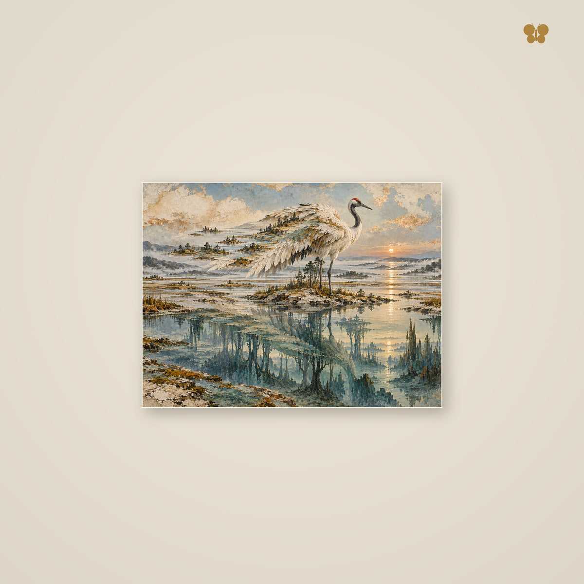 The Crane Above the Sleeping Estuary — mockup petit format 40 × 30 cm