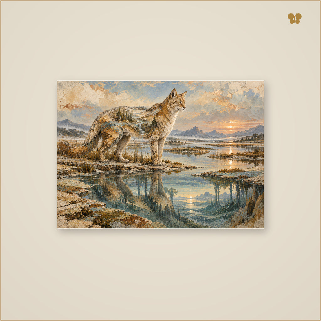 The Golden Cat at the Last Lagoon — mockup grand format 70 × 50 cm