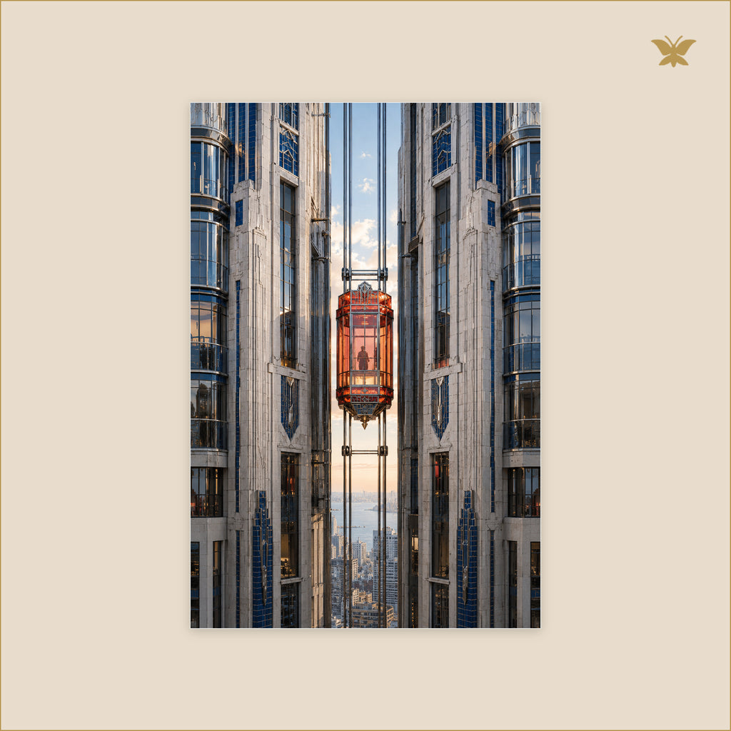 The Coral Lift Between Two Towers — petit format 60 × 90 cm