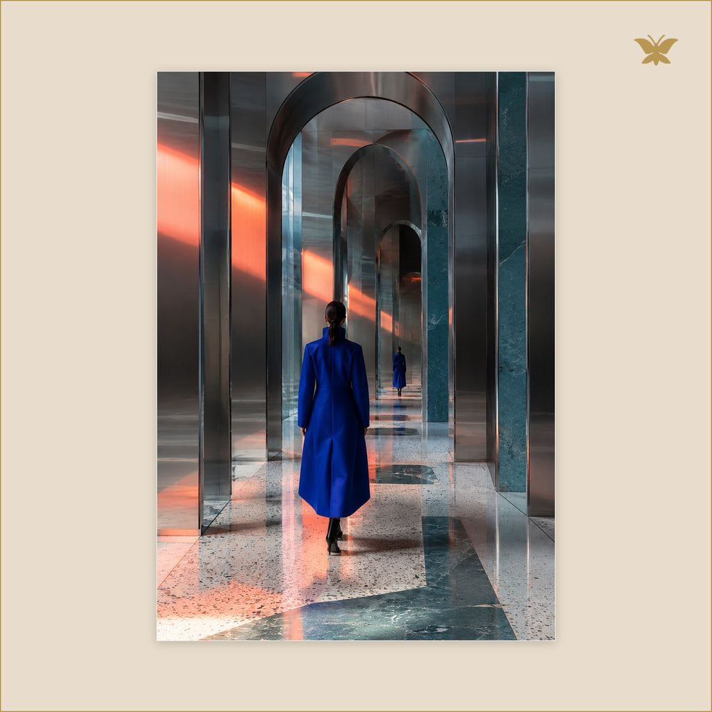 The Woman in the Chrome Passage — grand format 70 × 100 cm