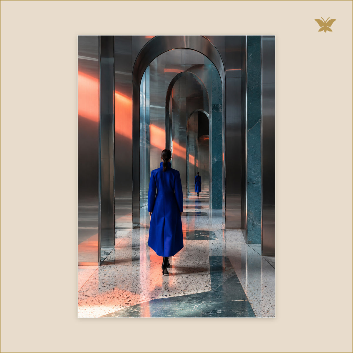 The Woman in the Chrome Passage — grand format 70 × 100 cm