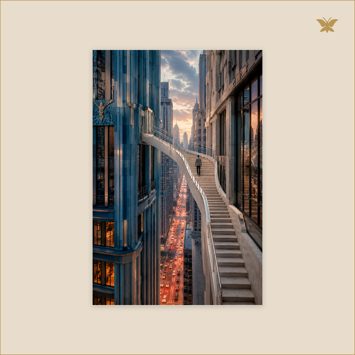 The Staircase Above the Evening Traffic — petit format 60 × 90 cm