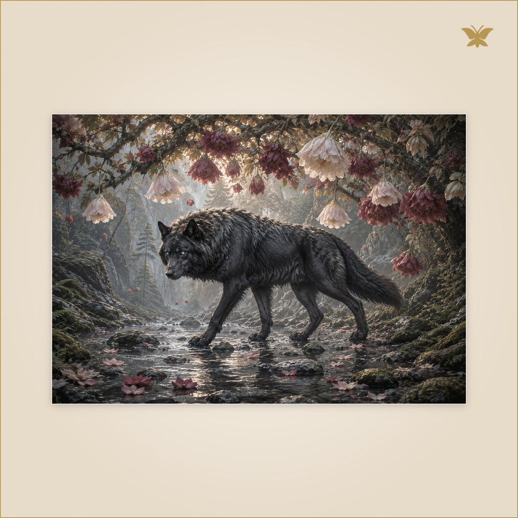 The Wolf Beneath the Flowers — grand format 100 × 70 cm