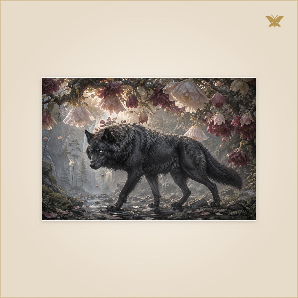 The Wolf Beneath the Flowers — petit format 90 × 60 cm