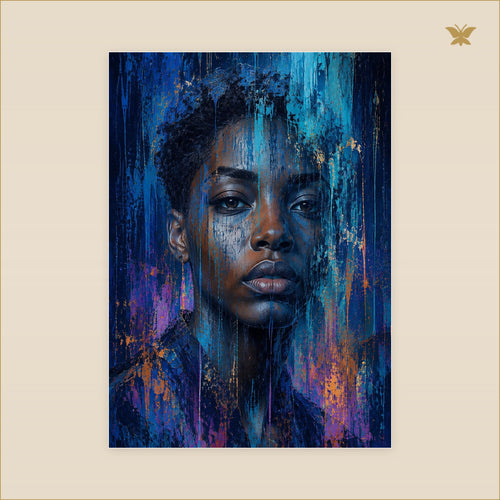 A Face Behind Blue Rain — tableau aluminium, mockup grand format
