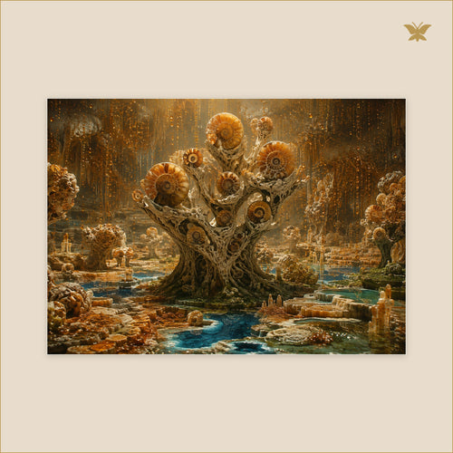 The Ammonite Orchard Beneath Amber Rain — grand format 70 × 50 cm