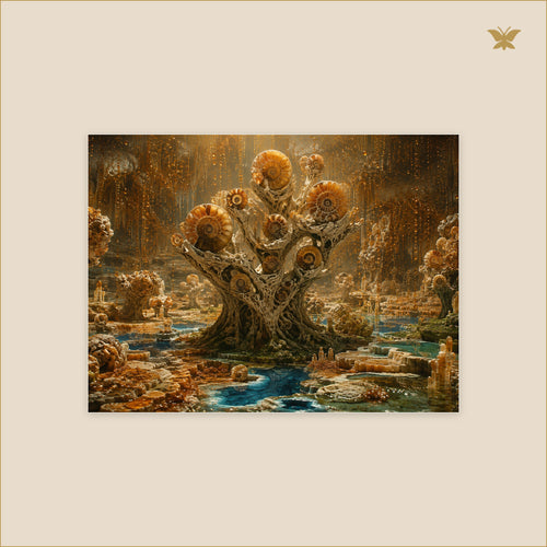 The Ammonite Orchard Beneath Amber Rain — petit format 40 × 30 cm