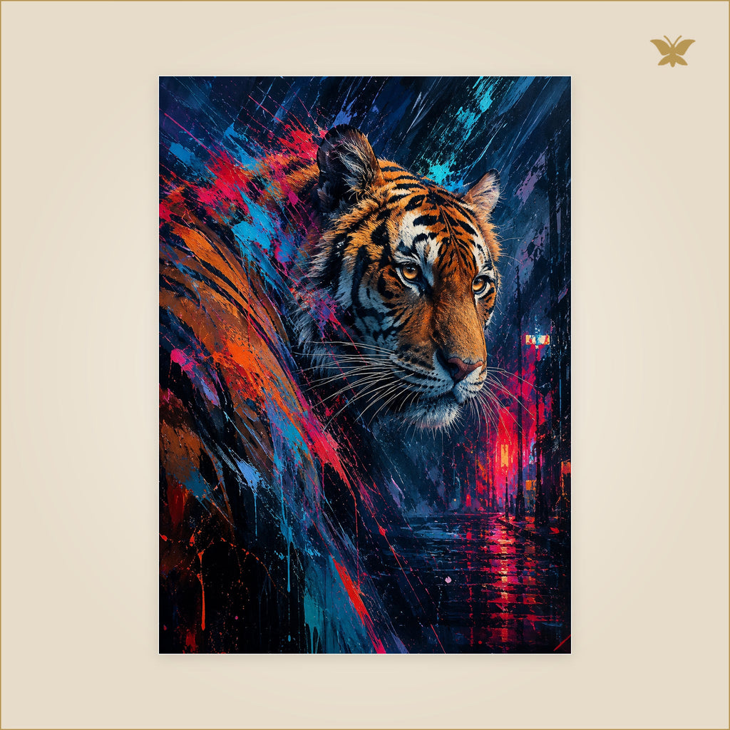 The Tiger That Split the Neon Rain — tableau aluminium, mockup grand format