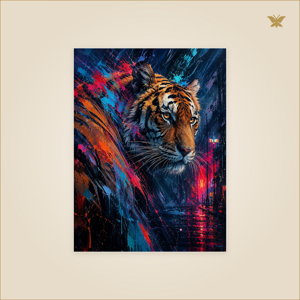 The Tiger That Split the Neon Rain — tableau aluminium, mockup petit format
