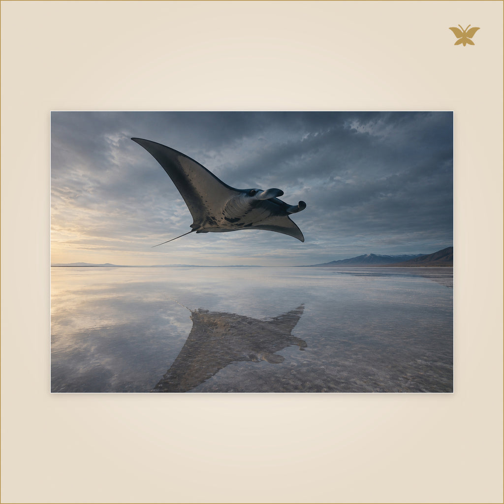 The Manta in the Borrowed Sky — raie manta réaliste volant au-dessus d’un salar bleu-gris après la pluie — format 100 × 70 cm