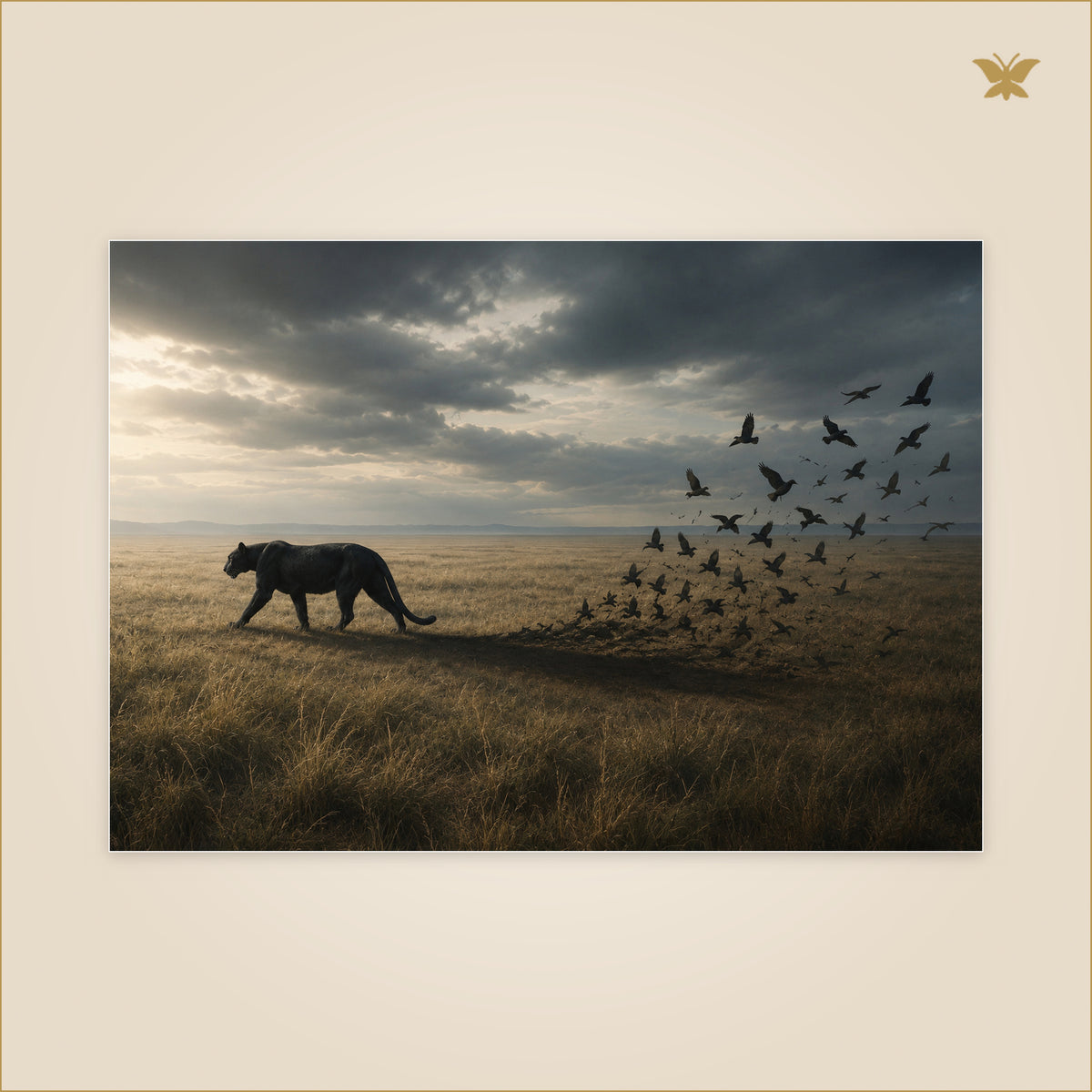 The Panther Whose Shadow Took Wing — panthère noire dont la longue ombre se fragmente en oiseaux dans une plaine — format 100 × 70 cm