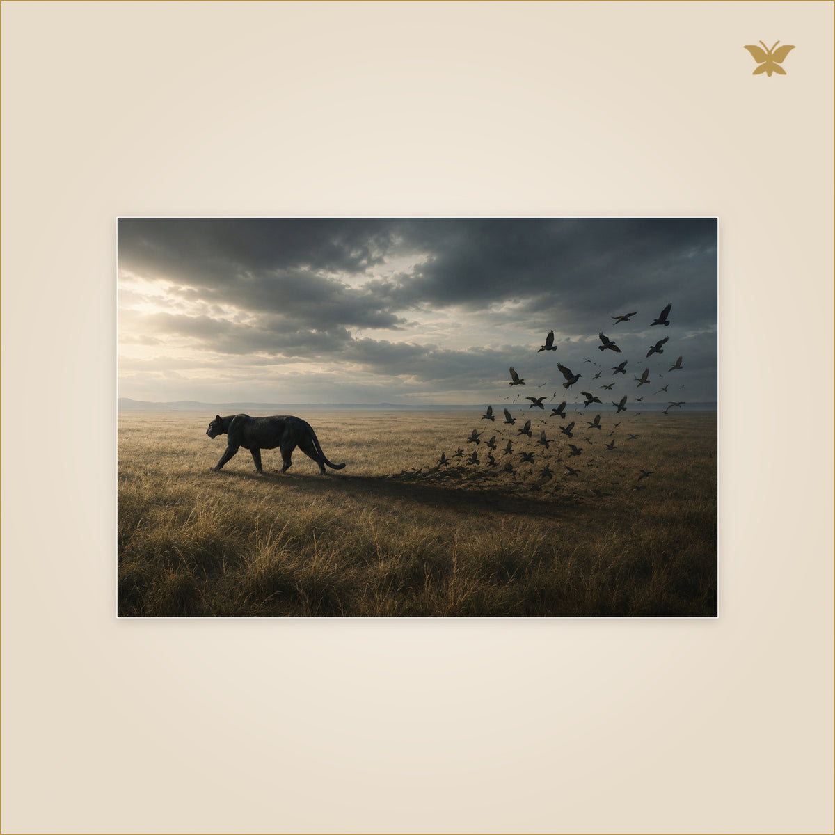 The Panther Whose Shadow Took Wing — panthère noire dont la longue ombre se fragmente en oiseaux dans une plaine — format 90 × 60 cm