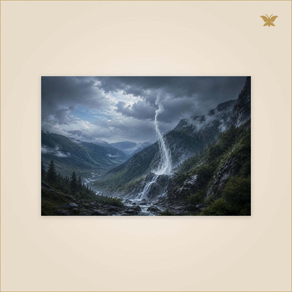 The Waterfall That Climbed Home — cascade inversée remontant une falaise alpine pour rejoindre les nuages — format 90 × 60 cm