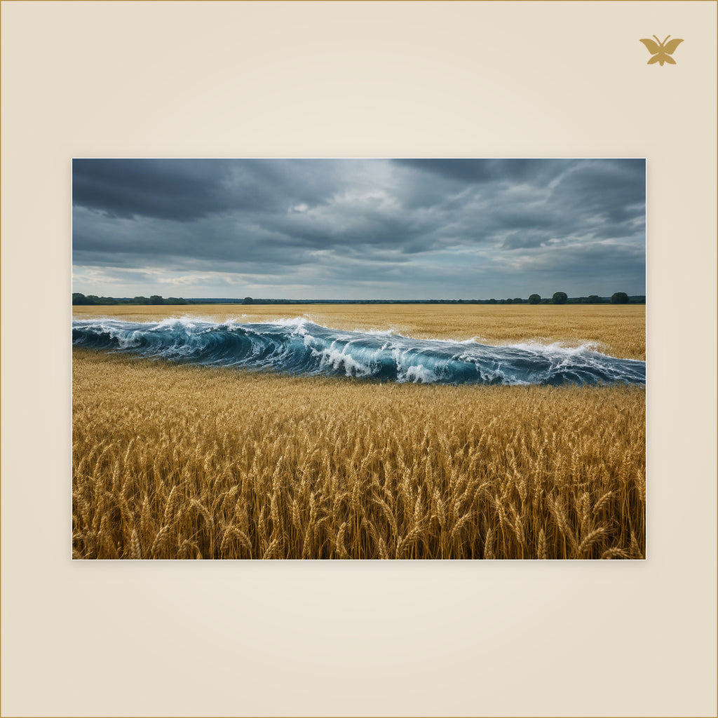 The Tide That Crossed the Wheat — vague marine bleue traversant sans destruction un vaste champ de blé doré — format 100 × 70 cm