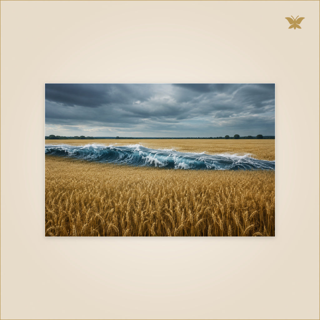 The Tide That Crossed the Wheat — vague marine bleue traversant sans destruction un vaste champ de blé doré — format 90 × 60 cm