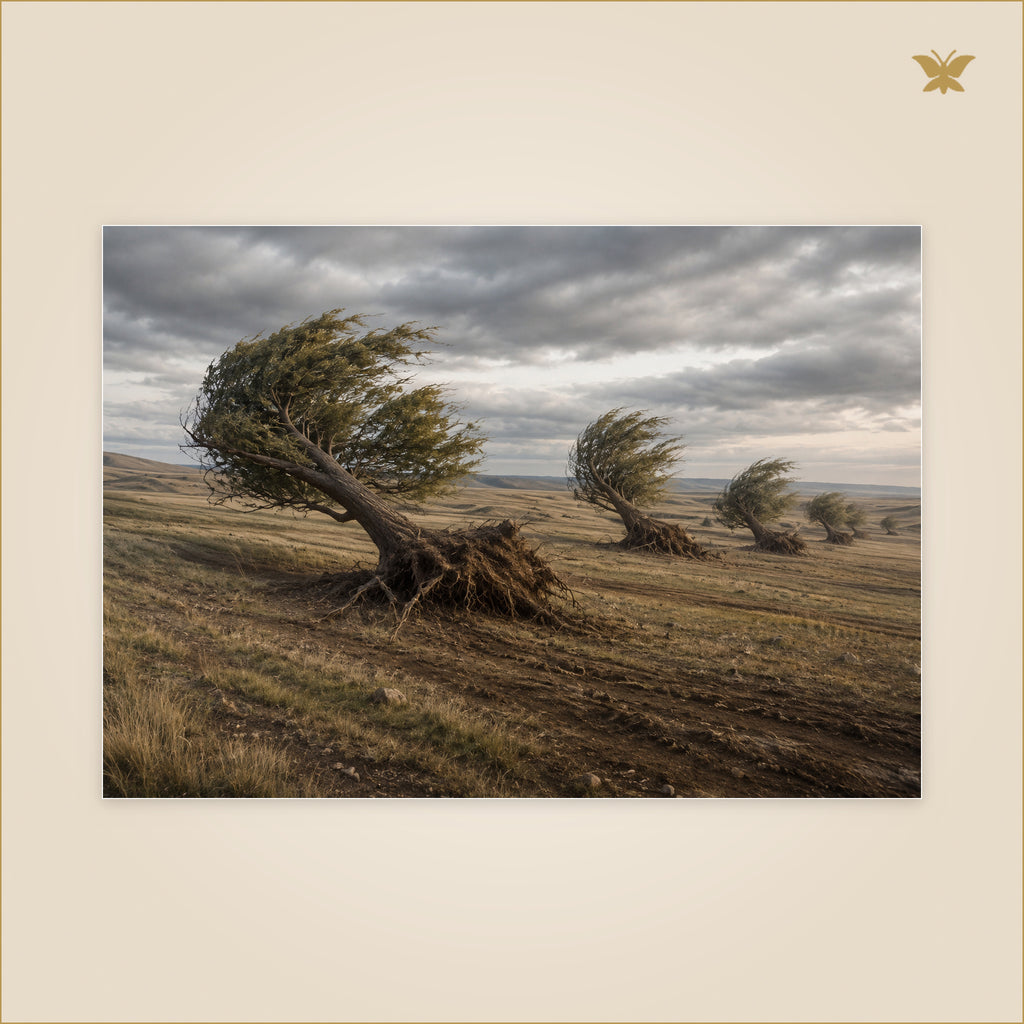 The Trees That Followed the Wind — arbres ordinaires déracinés migrant lentement sur un plateau balayé par le vent — format 100 × 70 cm
