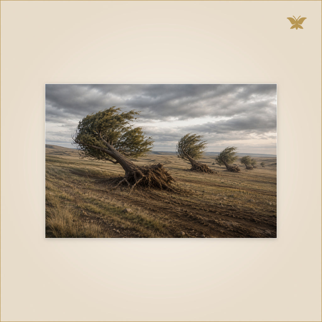 The Trees That Followed the Wind — arbres ordinaires déracinés migrant lentement sur un plateau balayé par le vent — format 90 × 60 cm