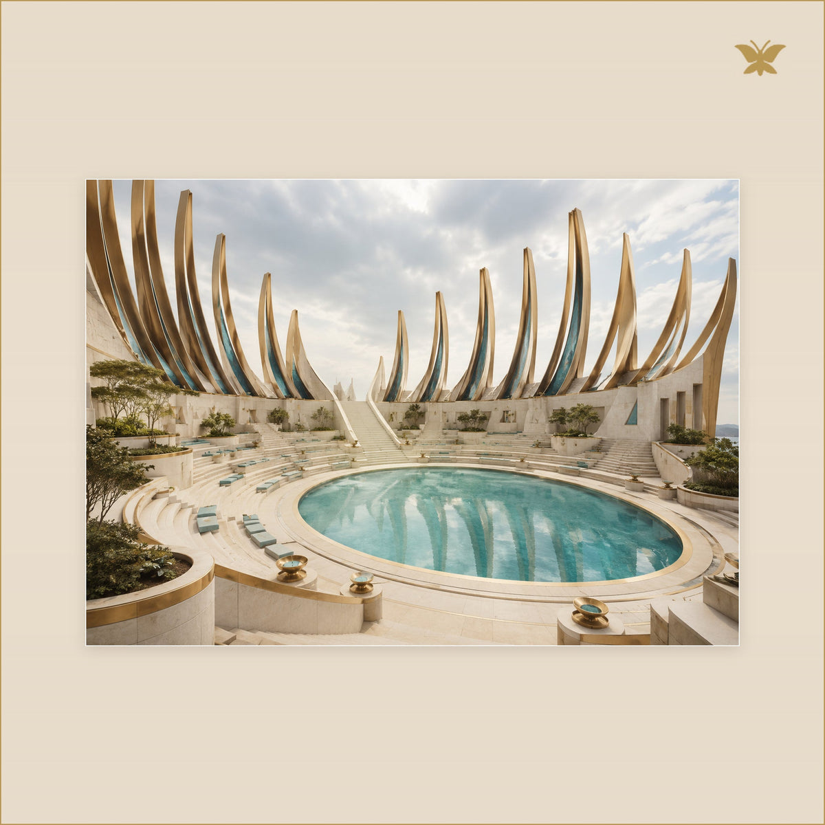 The Brass Amphitheatre — tableau aluminium, mockup grand format