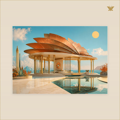 Pavilion at Copper Noon — tableau aluminium, mockup grand format