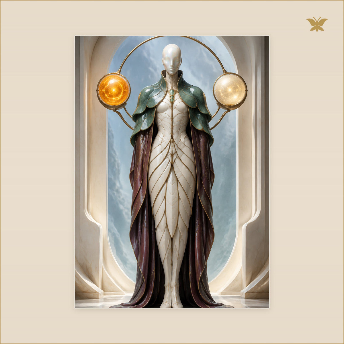 The Figure Who Carried Two Suns — tableau aluminium, mockup grand format