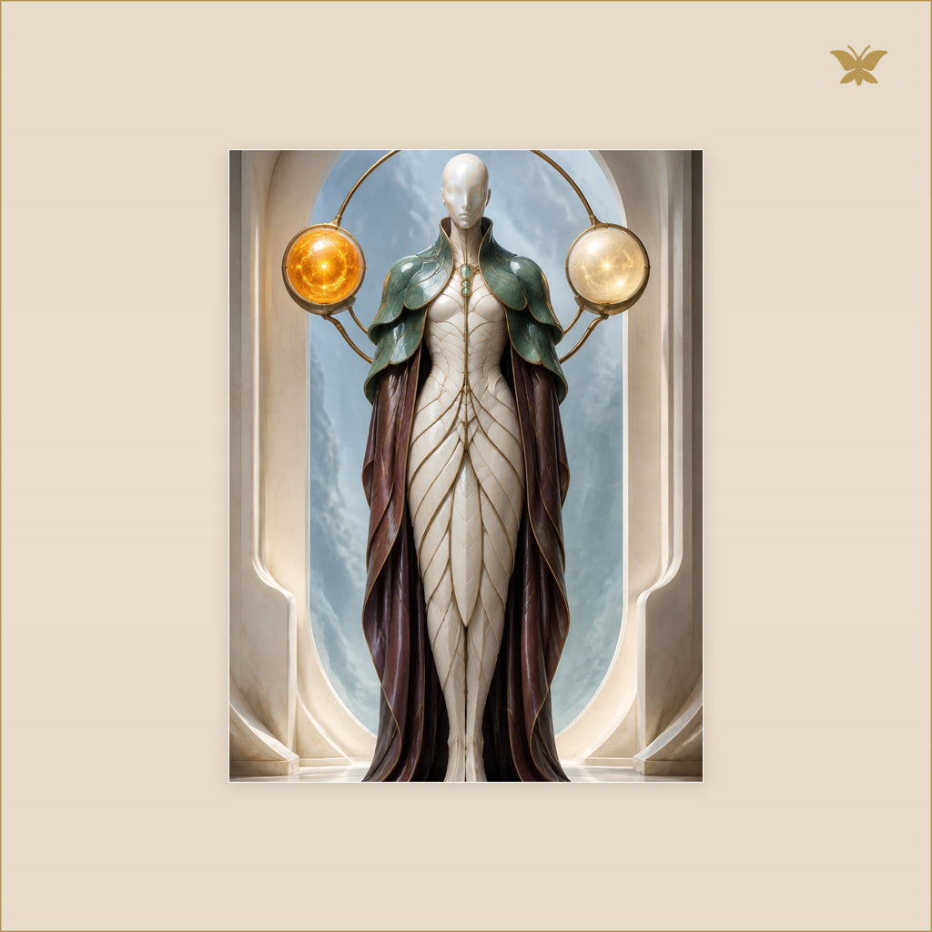 The Figure Who Carried Two Suns — tableau aluminium, mockup petit format