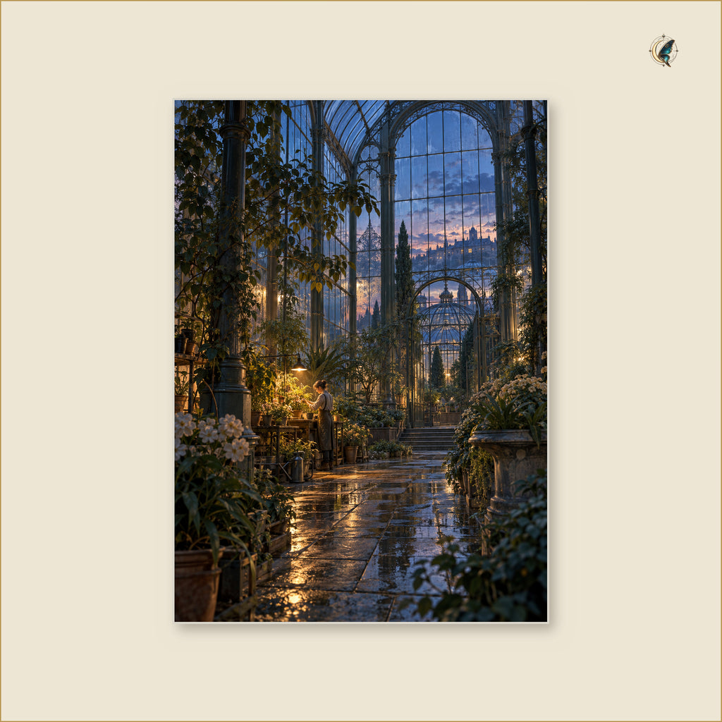 The Gardener of the Amber Glasshouse — tableau aluminium vertical Grand 50 × 70 cm