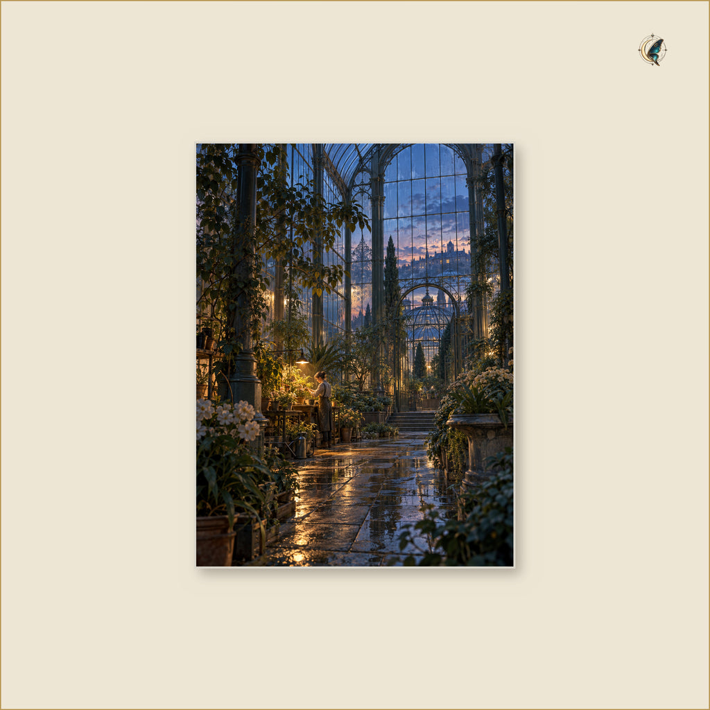 The Gardener of the Amber Glasshouse — tableau aluminium vertical Petit 30 × 40 cm
