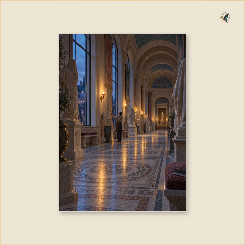 The Lamplighter of the Silent Gallery — tableau aluminium vertical Grand 50 × 70 cm