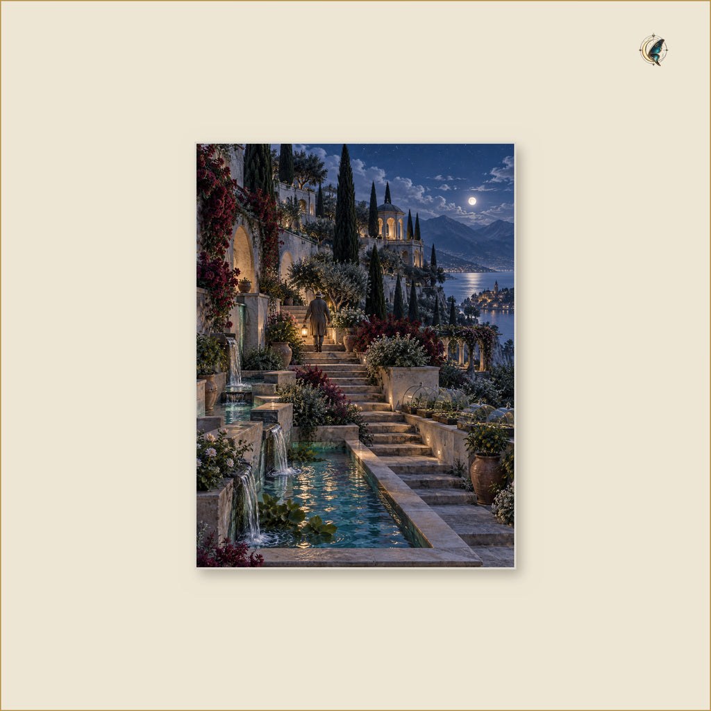 The Lantern Bearer Through the Blue Garden — tableau aluminium vertical Petit 30 × 40 cm
