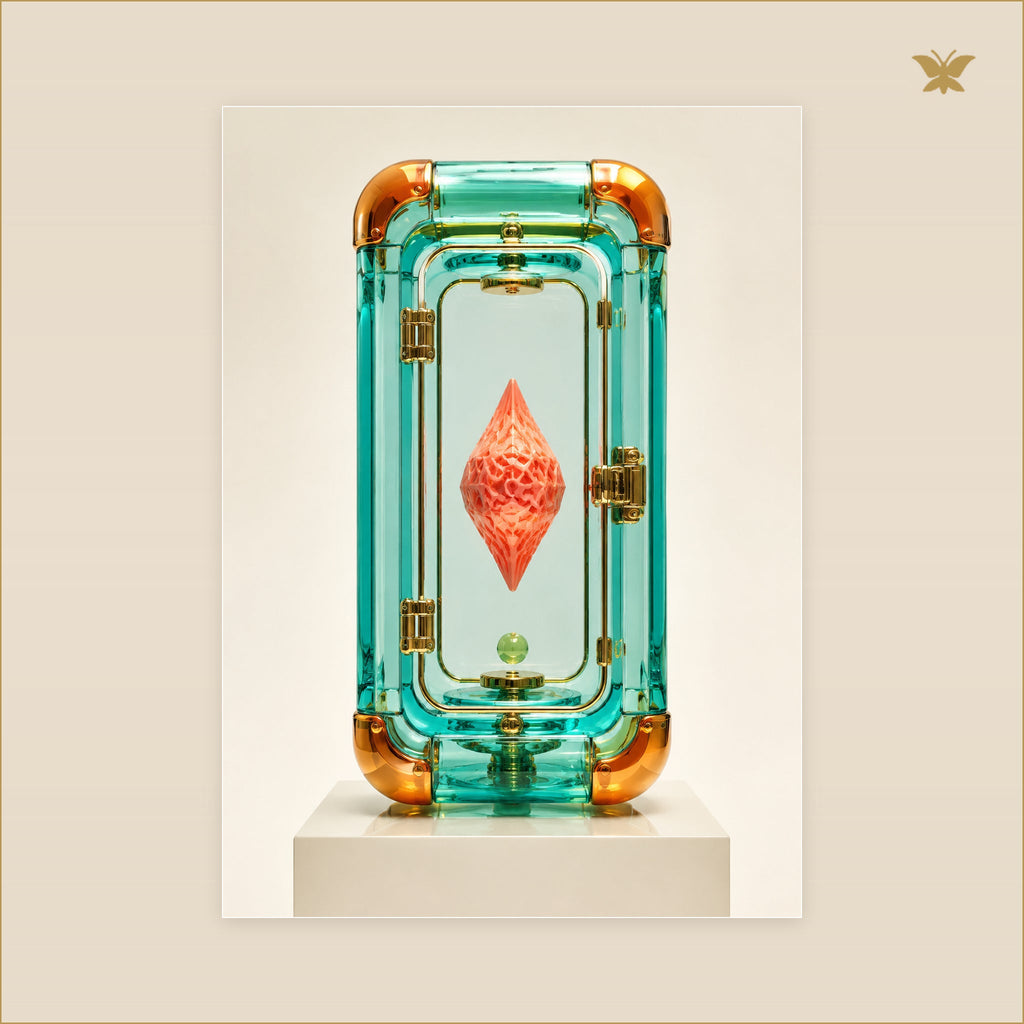 The Turquoise Reliquary — tableau aluminium, mockup grand format