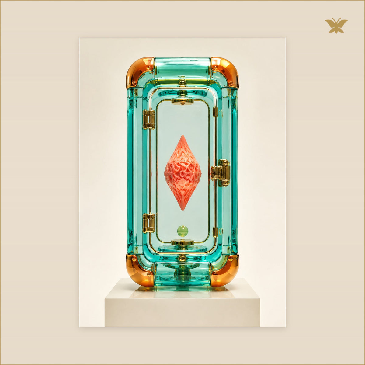 The Turquoise Reliquary — tableau aluminium, mockup grand format