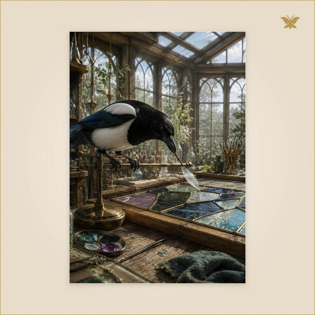 The Magpie Who Mended Color — pie restaurant des fragments de verre coloré dans un atelier sous verrière — format 70 × 100 cm