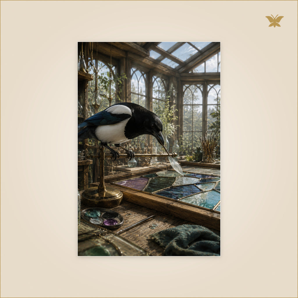 The Magpie Who Mended Color — pie restaurant des fragments de verre coloré dans un atelier sous verrière — format 60 × 90 cm