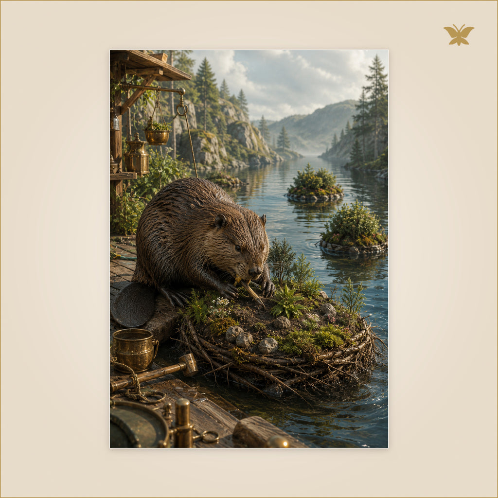 The Beaver and the Drifting Isles — castor construisant un îlot vivant sur un quai avec des îles dérivant au loin — format 70 × 100 cm