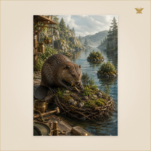 The Beaver and the Drifting Isles — castor construisant un îlot vivant sur un quai avec des îles dérivant au loin — format 70 × 100 cm