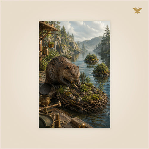 The Beaver and the Drifting Isles — castor construisant un îlot vivant sur un quai avec des îles dérivant au loin — format 60 × 90 cm