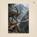 The Ibex Who Built Across the Air — bouquetin fixant une passerelle fine suspendue au-dessus d’une vallée alpine — format 70 × 100 cm
